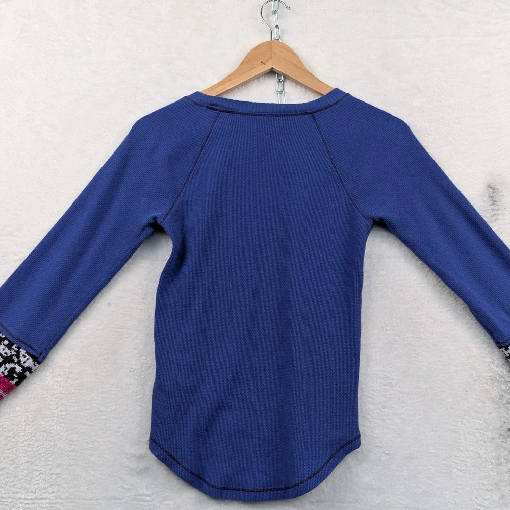 Free People Thermal Top Women's S Blue Boho Crochet Cuff Waffle Knit Slim Fit